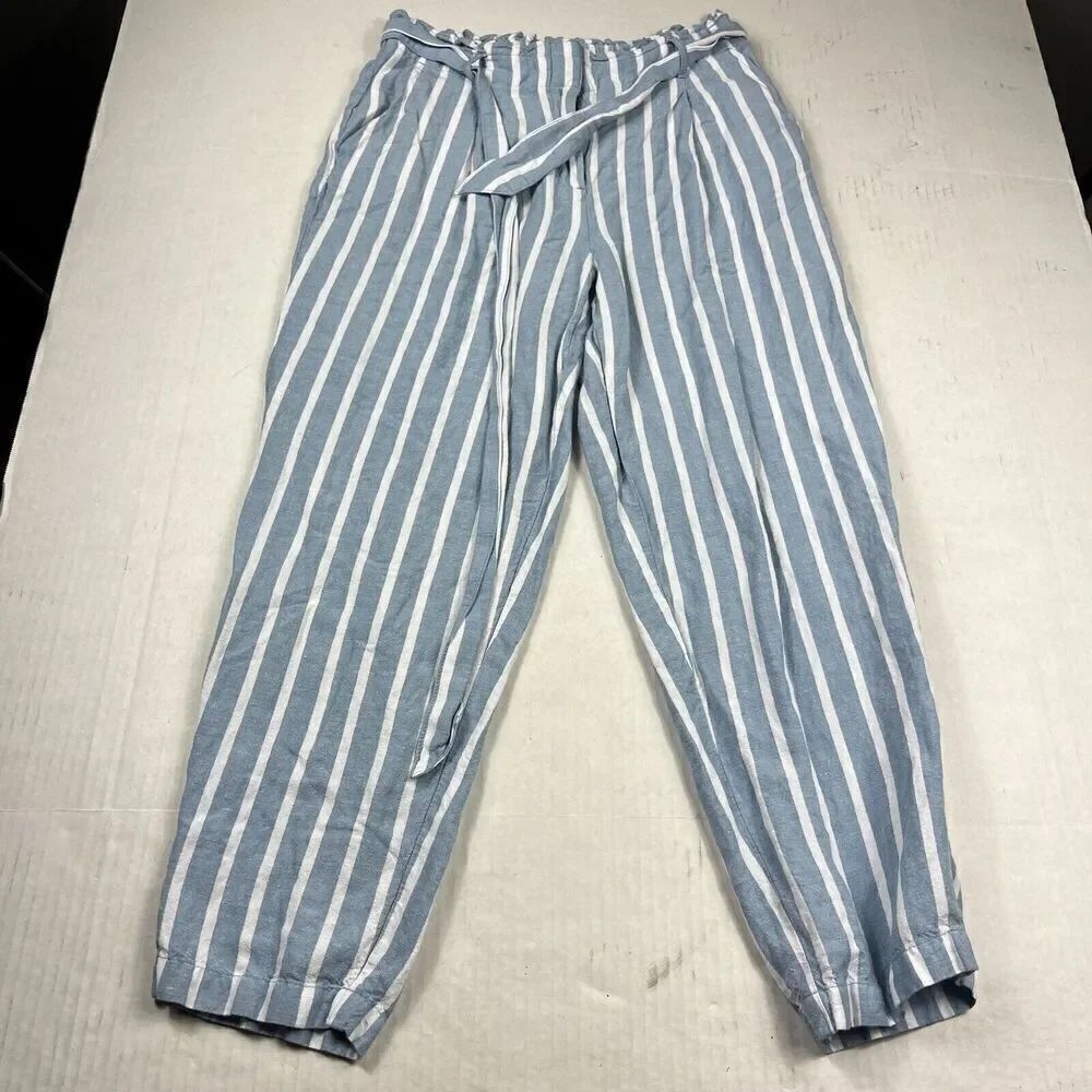 LOFT Linen Blend Cropped Pants Striped Drawstring Waist Tie High Rise SMALL